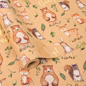 Altarho Baby Shower Kraft Wrapping Paper Roll for Boys Girls - 17 Inch x 33 Feet - Cute Woodland Animals Gold Foil Texts Design Birthday Gift Wrap for Neutral Baby Shower Kids' Birthday Party