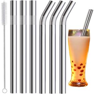 Vinaco Stainless Steel Smoothie Straws, 0.5'' Extra Wide Reusable Metal Drinking Straws for Milkshakes, Bubble Tea, Smoothie, Set of 6 Jumbo Drinks with 1 Cleaning Brush (3 Straight & 3 Bent, Sliver)