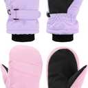 SATINIOR Kids Snow Mittens Waterproof Winter Ski Gloves Warm Thicken Snow Gloves for Girls Boys (5-8 Years, Light Pink,Light Purple)