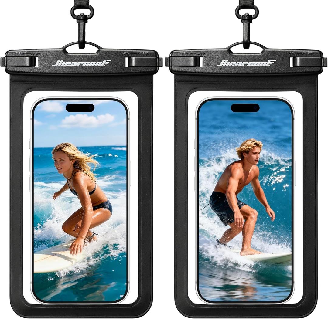 Hiearcool Waterproof Phone Pouch, Universal Case Compatible for iPhone 17 16 15 14 13 Pro Max Plus Up to 8.9", IPX8 Beach Travel Essentials-Black-2 Pack