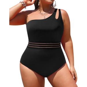 Aqua Eve Plus Size One Piece Swimsuit One Shoulder Bathing Suit Tummy Control Keyhole Swimwear (Solid Black)