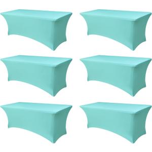 Spandex Table Cloths for 8 Foot Rectangle Tables-6 Pack Fitted Stretch Aqua Blue Table Covers-Folding Tablecloths for Party, Vendor Booth Display, Banquet Buffet Event, Craft Trade Show