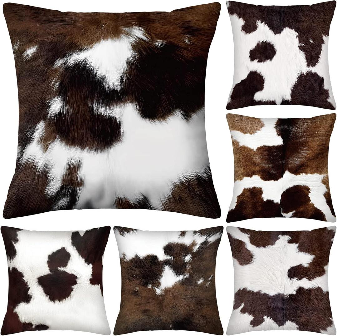 Peryiter 6 Pcs Cow Pillow Covers Western Decors 18 x 18 Inch White and Brown Faux Fur Cowhide Pillow Covers Hidden Zippered Cushion for Couch Sofa Home Living Room Christmas Decor