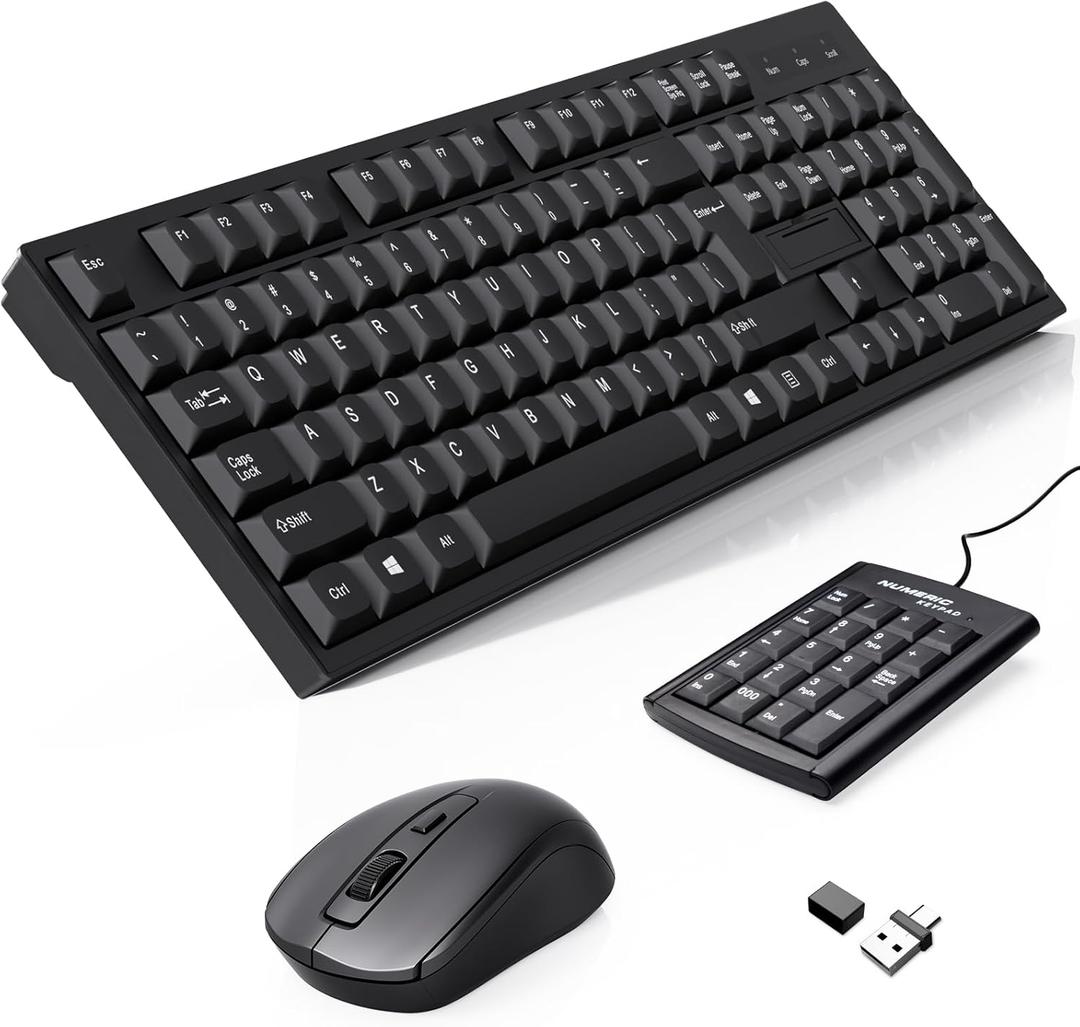 Wireless Keyboard and Mouse Combo-Full Size QWERTY Layout 2.4G Stereo Keycap Ergonomically Designed for Laptop,PC,Notebook,Windows,Computer Wired Numeric keypad,with USB-A&USB-C 2-in-1 Receiver (black)