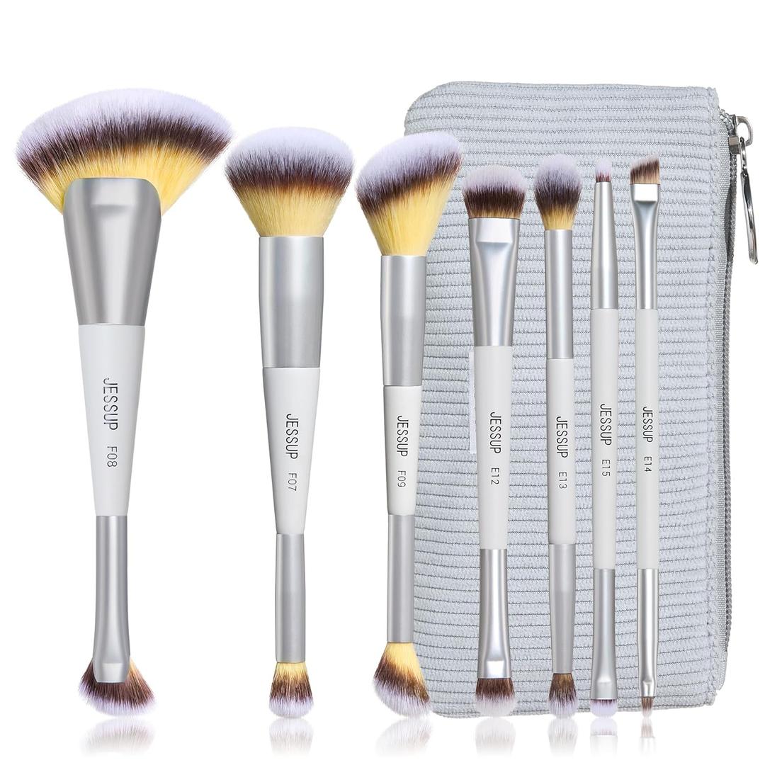 Jessup Makeup Brushes Set 7pcs Dual Ended Makeup Brush Premium Synthetic Foundation Contour Blush Highlight Blending Eyebrow Eyeshadow Shader Concealer Brush with Bag, Quiet Gray T520