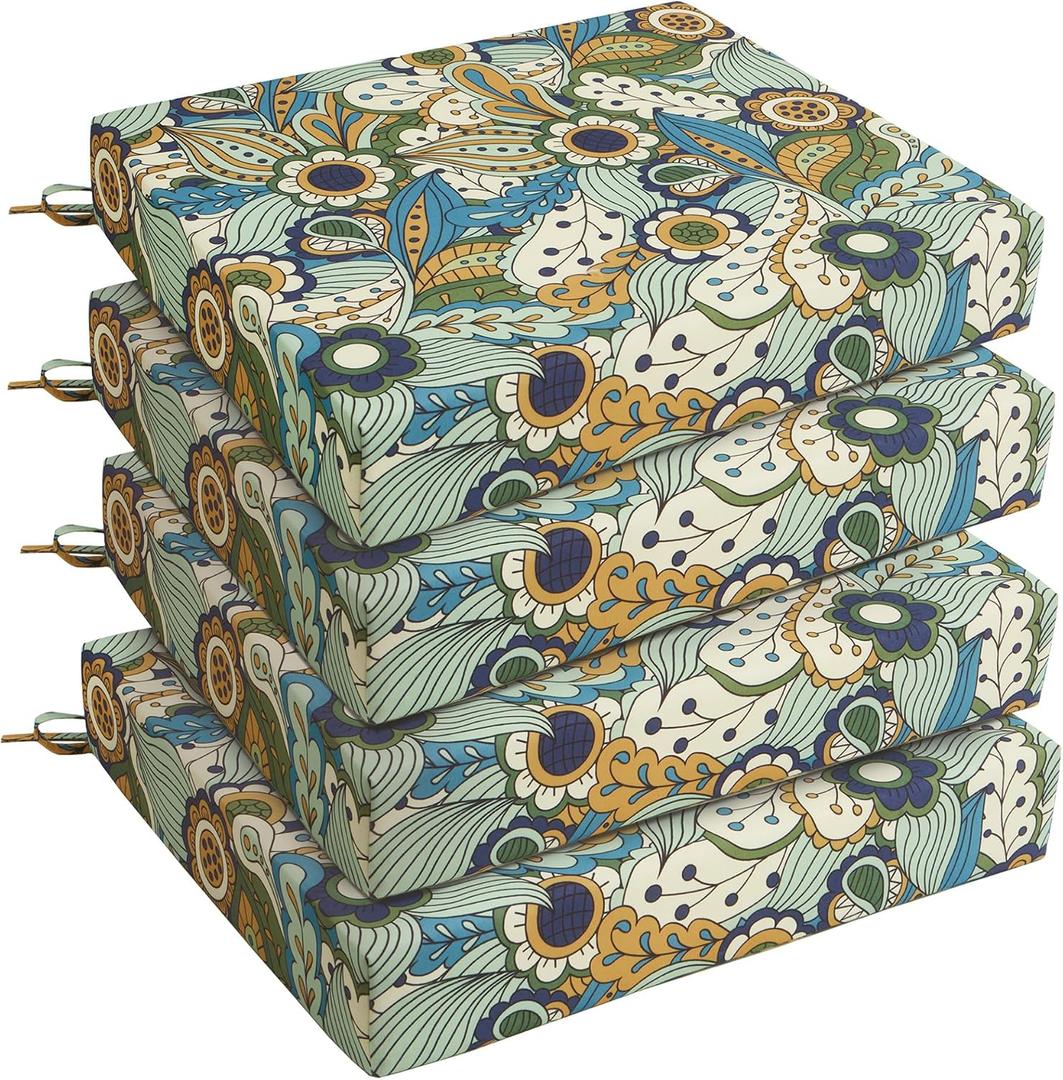 UNIKOME Outdoor Chair Cushions Pack of 4, Water Resistant Patio Cushions with Ties, High Density Sponge Filling Square Corner Seat Cushions for Outdoor Furniture, 18.5"*16"*3", Sun Flower