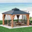 GAOMON Hardtop Spruce Wood Gazebo 10'x10', with Double Roof of Metal Sheets, 4.7'' Heavy Duty Poles, Net, and Curtain, Permanent Building for Patio, Deck, Backyard, Lawn, and Garden, Khaki
