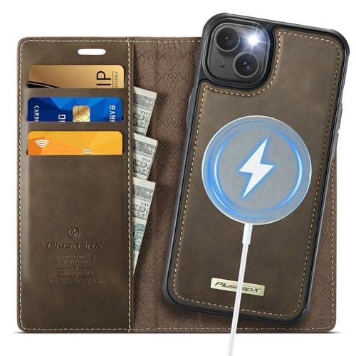 PlusnapX Wallet Case for iPhone 13 Compatible with Magsafe, 2-in-1 PU Leather Flip RFID Blocking Card Holder Stand Shockproof Magnetic Detachable Cover for iPhone 13 Case 6.1", Brown