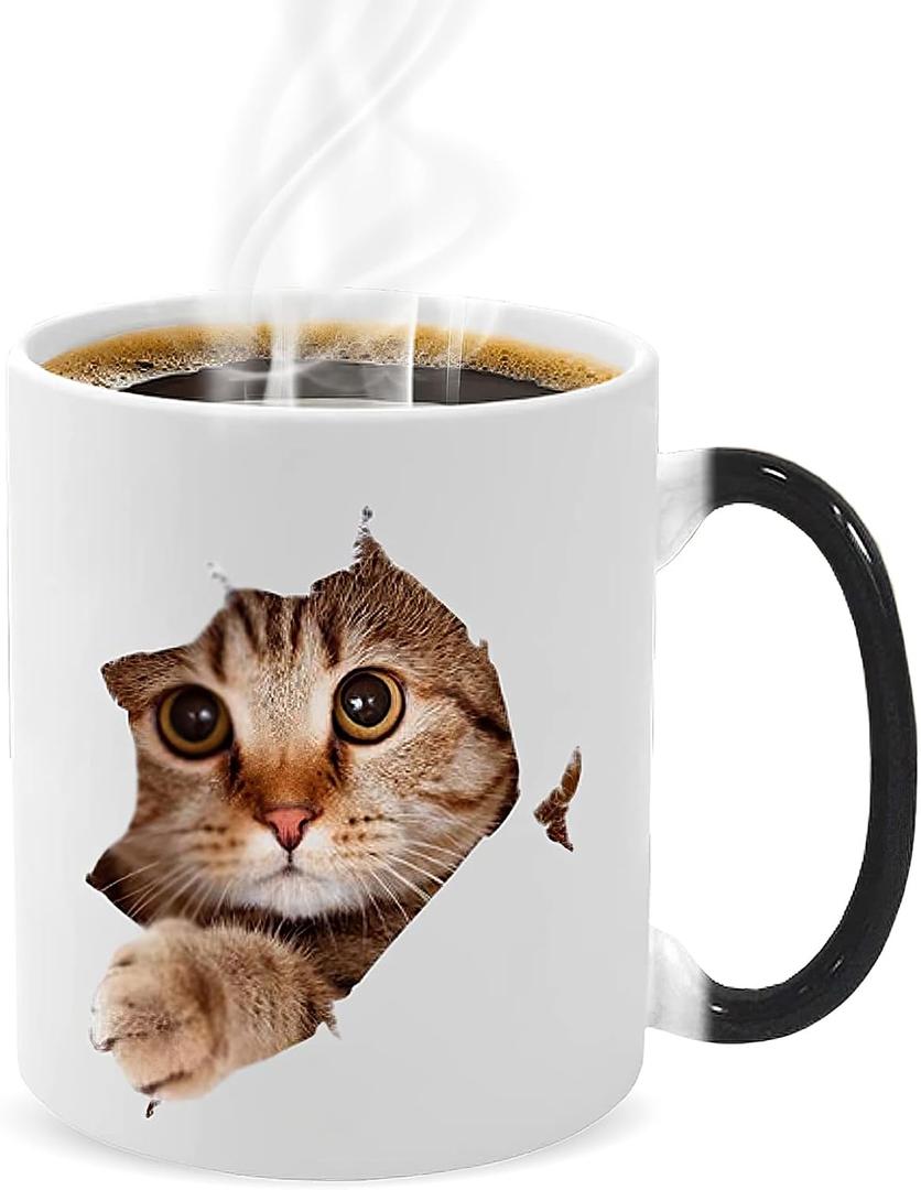 Caliamary Heat Changing Mug, Funny Cat Heat Changing Ceramic Coffee Mug, 11 oz Heat Sensitive Color Changing Coffee Mug Cup, Cute Xmas Gift Mug for Women Men Kids (Cat)