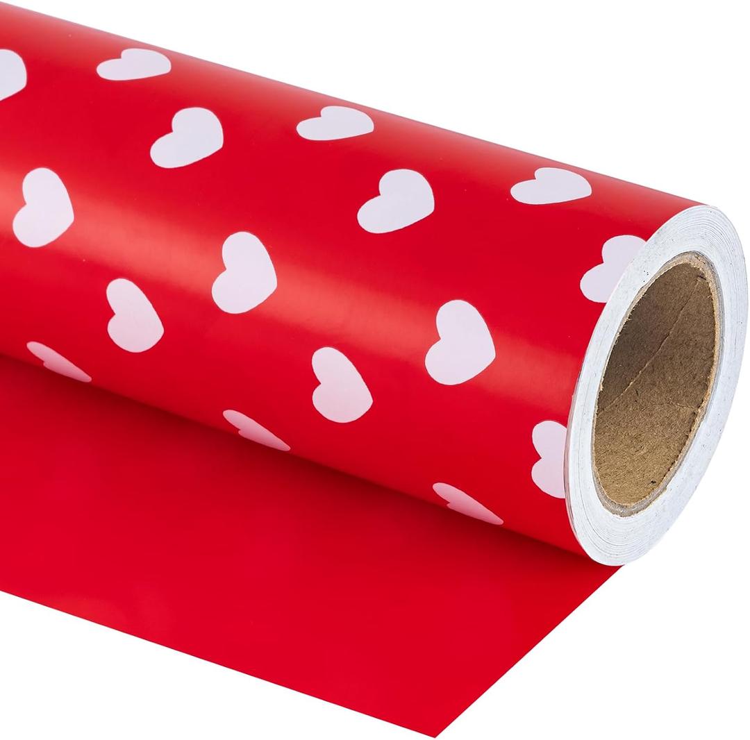 WRAPAHOLIC Reversible Valentine's Day Wrapping Paper - Mini Roll - 17 Inch X 33 Feet - Red Love Heart Design for Valentine's Day, Wedding, Anniversary, Birthday, Baby Shower