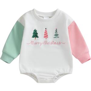 ZAXARRA Newborn Baby My First Christmas Outfit Girl Boy Christmas Clothes Cute Santa Sweatshirt Bubble Romper for Fall Winter (6-12 Months, White)