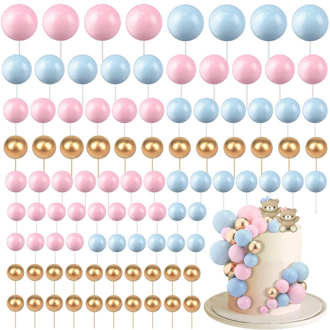  Balls Cake Topper DIY Cupcake Insert Foam Balloons for Cake Baking Wedding Anniversary Birthday Decoration(Pink, Blue, Gold,Multi Sizes)