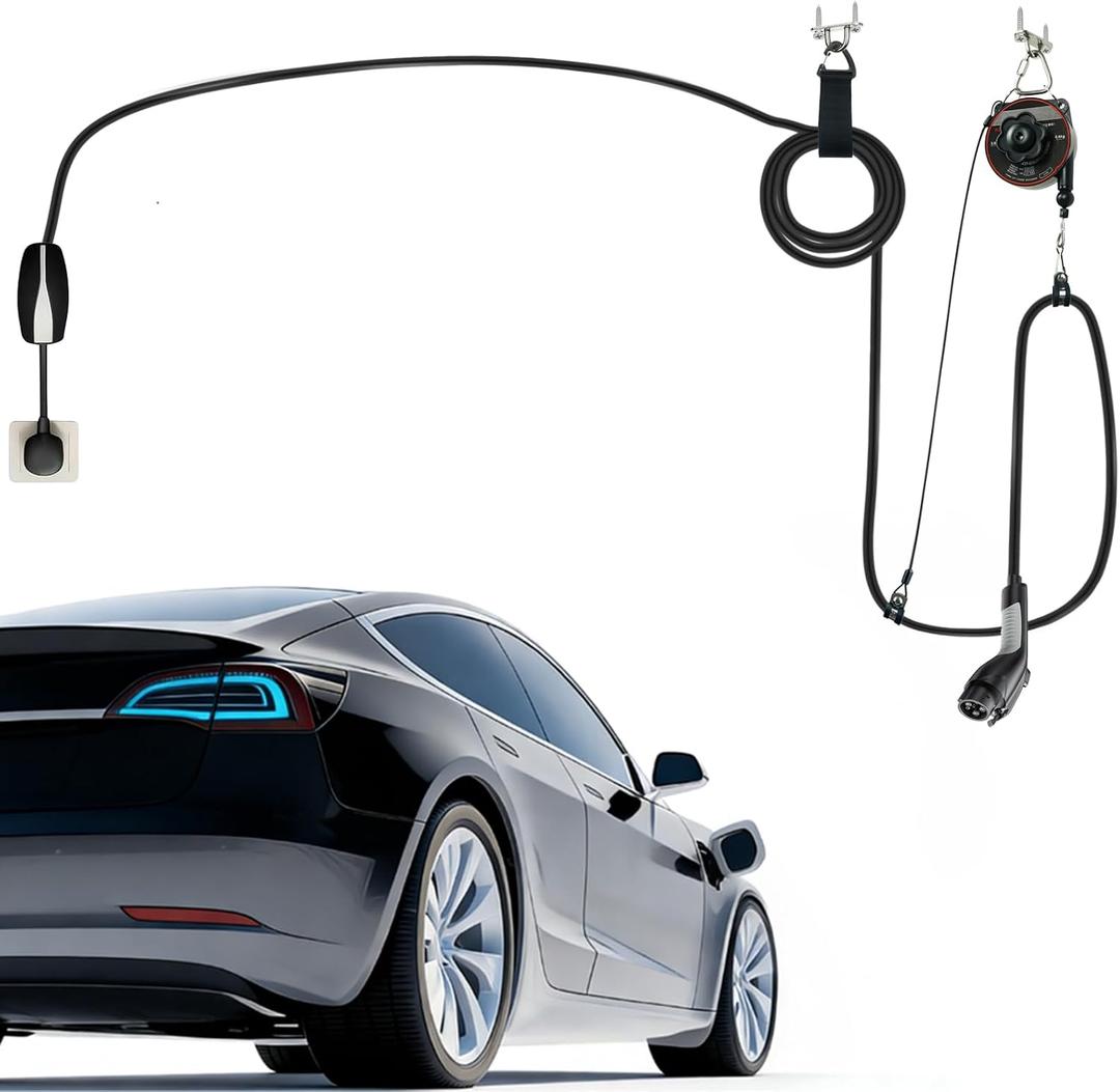 EV Charger Cable Retractor, Universal EV Charger Retractable Cable Management System, Garage Charging Cable Organizer for All Level 2 Chargers-Mounts to Ceiling and Wall