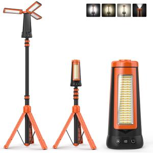 Rechargeable Camping Light with Stand 7ft Max Height, 15000mAh Portable Cordless LED Work Light, 5500 Lumen 6500/4500/3500K Dimmable Emergency Flashlight with Detachable Tripod, Orange