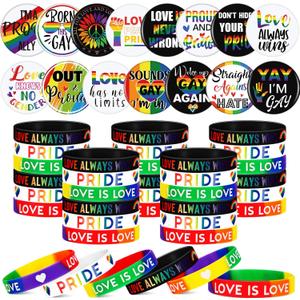 Nosiny 60 Pcs Pride Accessories Bulk Include 30 Pride Pins with 30 Rainbow Bracelets, LGBTQ Pins Silicone Wristband LGBTQ Stuff for Gay Party Supplies Parade Gift Decorations