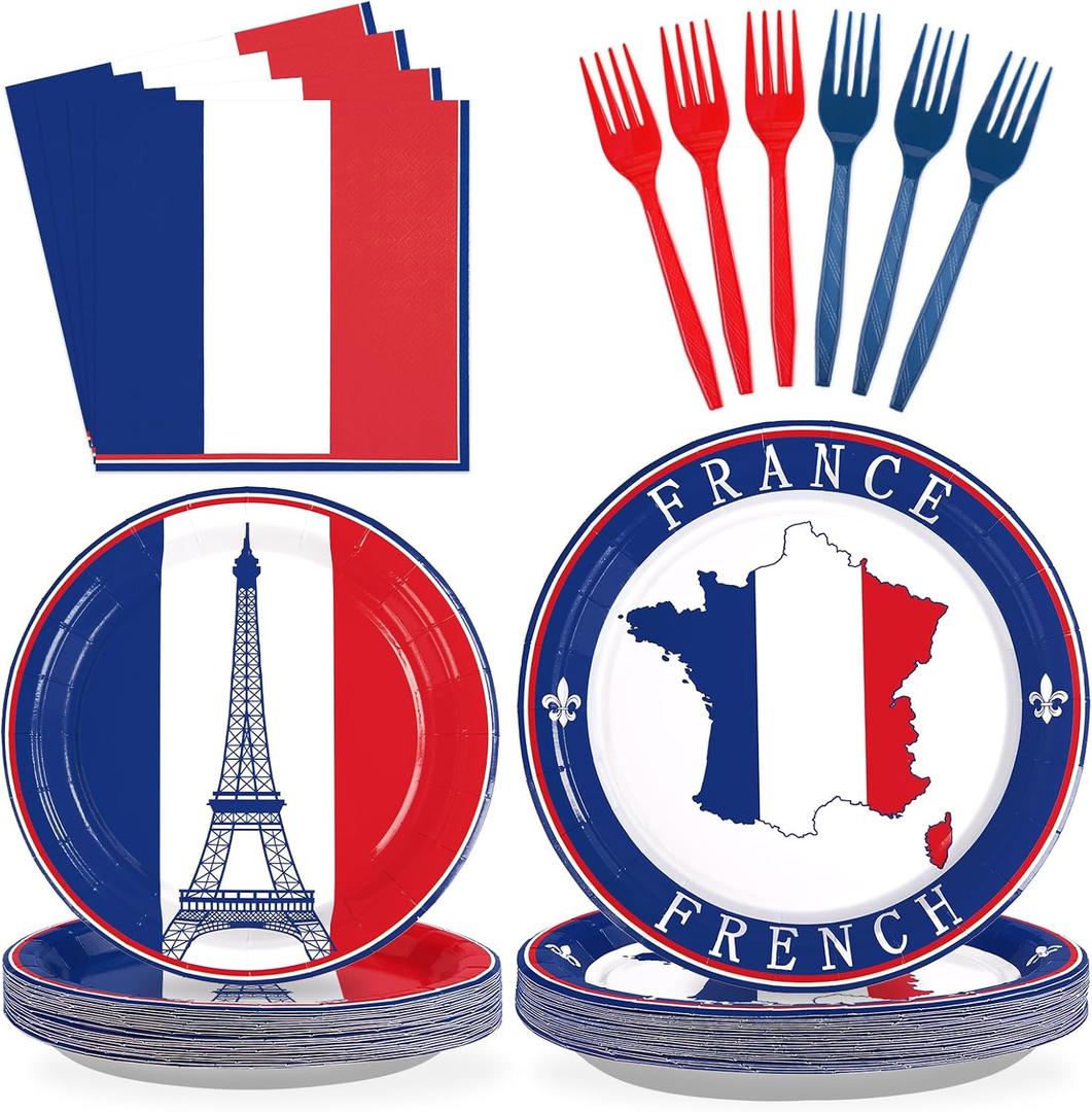 96Pcs France French Flag Party Supplies French Flag Party Plates and Napkins Disposable France Flag Tableware Set for French Party Decor Paris Theme Party Decorations Birthday Family Gathering Serve24