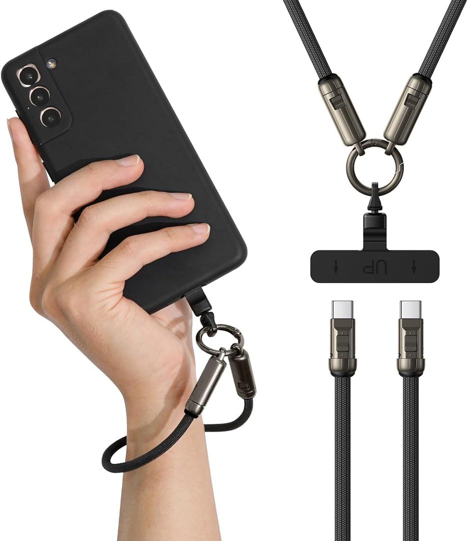 Phone Lanyard Charger Cable USB C Cable, PD240W USB C to USB C Cables, Phone Wrist Strap, Anti Theft Phone Strap, Wrist Lanyard for iPhone/Samsung/Android Phones(Black/0.98ft)