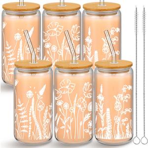 Bokon 6 Pcs Floral Iced Coffee Cups with Bamboo Lids and Straws 16 oz Mother's Day Gift Wildflower Glass Cup for Women Flower Drinking Glass Bottle with Cleaning Brush Birthday Bridesmaid Party Gift
