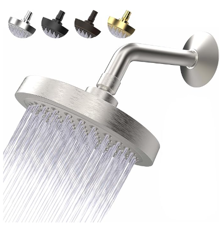 Pressure Shower Head AntiClogging Silicone Nozzles 2.5 GPM Removable Restrictor Easy to Clean Adjustable Replacement easy to install with Plumbers Tape 6 inch Brushed Nickel Finish