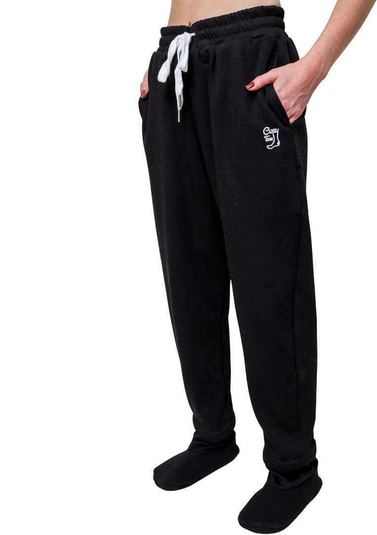 Adult Footed Sweatpants with Sherpa Fleece Lined Feet, Removeable Detachable Feet, Extremely Soft & Warm Footing (Black)