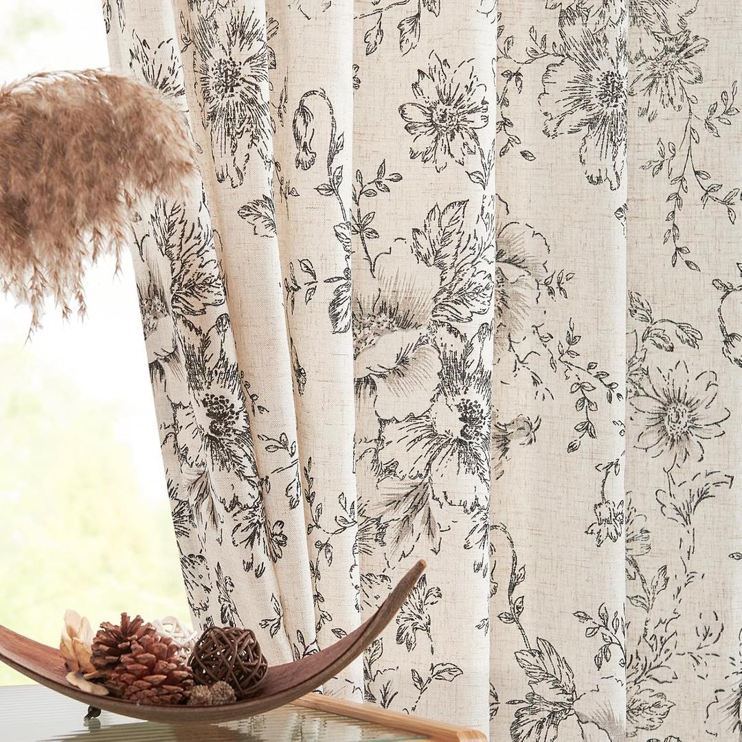 jinchan Linen Blend Curtain Floral Curtains for Living Room 90 Inch Length Black Printed Curtain Rod Pocket Back Tab Farmhouse Peony Flower Patterned Drapes Bedroom Window Curtains Set 2 Panels