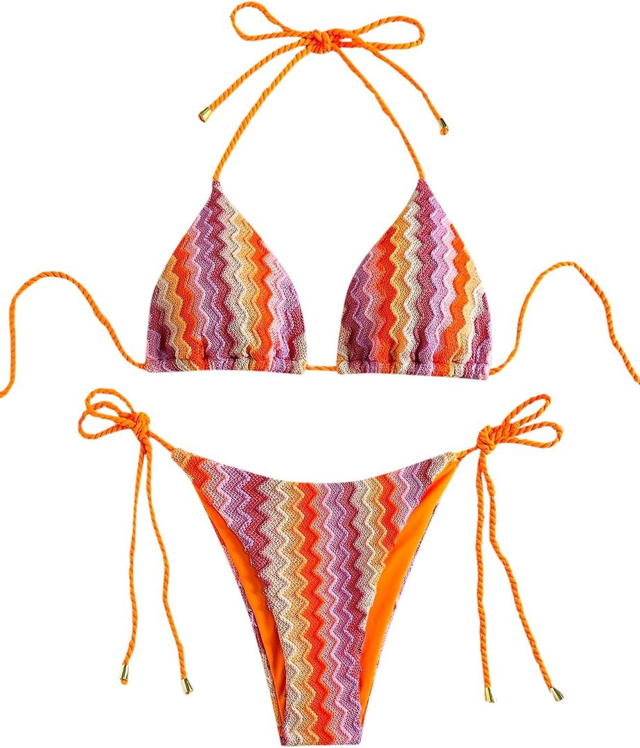 ZAFUL 2 Piece Triangle Bikini for Women Knitted Rope Halter Bikini Sets Sexy Bathing Suit Side Tie Swimsuits Beachwear (Orange, M)
