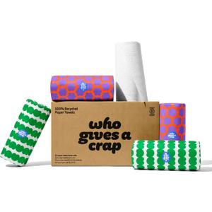 Who Gives a Crap Recycled Paper Towels, 2 Ply, 12 Rolls, 135 Adjustable Sheets per Roll, 100% Recycled Paper, Strong, Durable, Absorbent, & Sustainable, Eco Friendly With Plastic Free Packaging, White