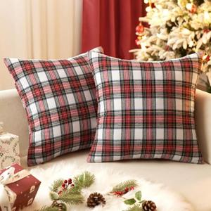 EMEMA Christmas Red and White Tartan Plaid Throw Pillow Covers 18x18 Inch Decorative Scottish Farmhouse Retro Classic Square Cushion Cases for Decor Sofa Couch Winter Holiday Set of 2