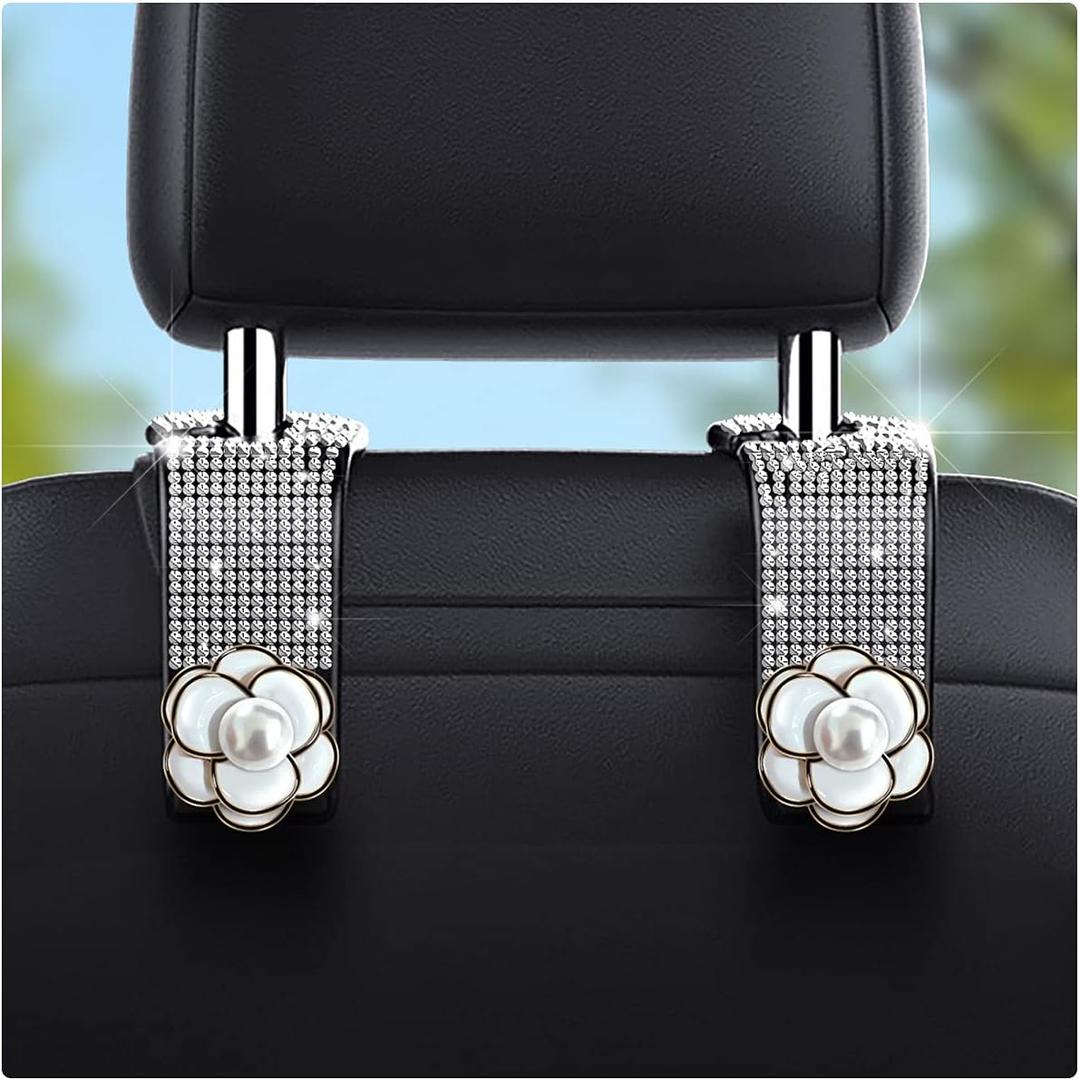 2-Piece Bling Car Seat Hooks - Headrest Hooks for Purses & Bags with Diamond Design (White)