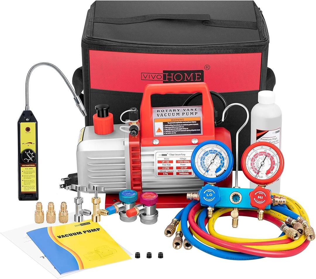 VIVOHOME 110V 1/3 HP 4CFM Single Stage Rotary Vane Air Vacuum Pump and AC Manifold Gauge Set Kit with Leak Detector for R134a R12 R22 R502 R410a HVAC Air Conditioning Refrigeration Recharging, Red