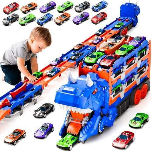 RoarRacer 3-in-1 Dinosaur Transport Truck, Folding Dual Race Track & 7 Die-Cast Cars - Lights & Sounds Toy for Kids Ages 3-6