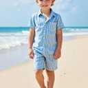 Boys Casual Hawaiian Shirts 2 Piece, Blue Button Down Shirt and Shorts Summer Beach Striped Clothes for kids (7 Years)