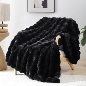 Smoofy Faux Fur Throw Blanket for Couch  Black Fluffy Cozy Rabbit Fleece, Plush Soft Bubble Blanket for Sofa & Bed, for Mom, Warm Fuzzy Home Room Decor Throw 60" x 80"
