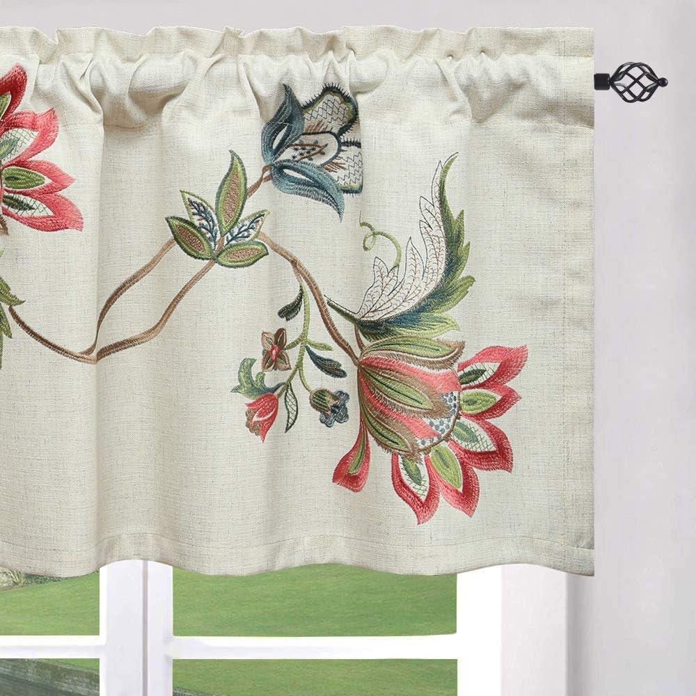 VOGOL Linen Valances for Living Room, Vintage Floral Valance for Bedroom, Short Decorative Rod Pocket Curtains for Dining Room, 52W x 18L, One Panel, Flower Embroidery (W008c2)