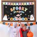 Halloween Ghost Bulletin Board Decorations Boho Halloween Classroom Decoration Groovy Spooky Season Paper Cutouts with Pumpkin Spider Bat for Holiday School Library Classroom Chalkboard Wall Decor