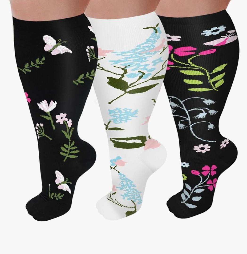 3 Pairs Plus Size Compression Socks for Women and Men Wide Calf 20-30mmhg Extra Large Knee High Support for Circulation L/XL