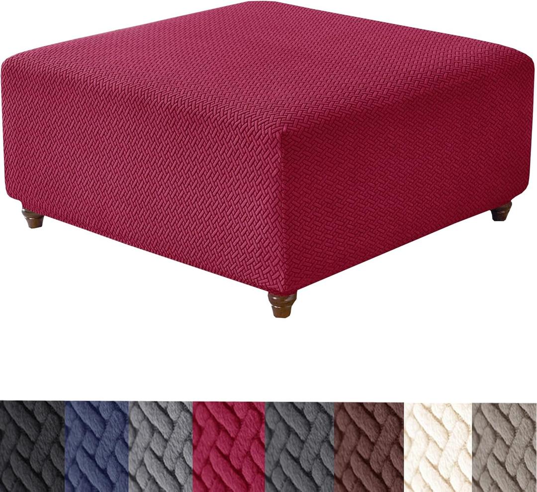 HFCNMY Stretch Knitted Jacquard Ottoman Cover - Thick Washable Slipcover for Square Storage Ottoman With Elastic Bottom - Red X-Large