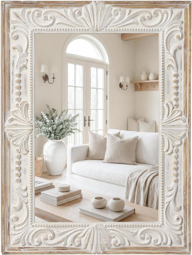 H HOMEWINS Rustic Rectangle Mirror,22x30 Wooden Farmhouse Mirrors,Carved Boho Bathroom Wall-Mounted Nature Beads Decor Mirror for Bedroom, Living Room,Vanity,Entryway,Over Sink