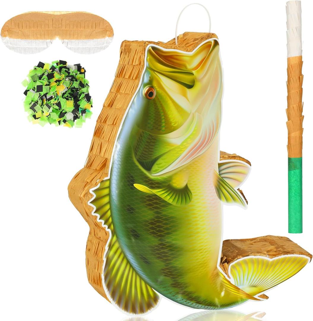 Fish Piata with Stick, Blindfold and Confetti, Fish Shaped Piata for Go Fishing Party Animal Theme Birthday Decorations for Birthday Party(Sea Bass)