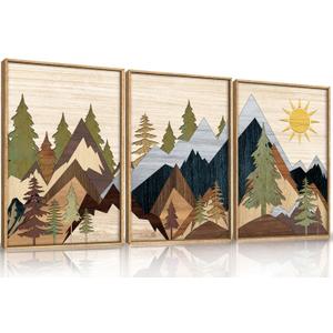 Ausril Mountain Pine Tree Framed Canvas Wall Art Set, Nature Wilderness Illustration Wall Decor, Woodcut Forest Wall Painting, Mid Century Modern Art Print for Living Room Bedroom Office 16"x24"x3
