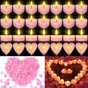 MTLEE 6000 Pcs Valentines Artificial Rose Petals with 72 Pcs Heart Tealight Candles Fake Rose Petals and Smokeless Heart Candles Set for Valentines Day Romantic Night Wedding Engagement Decor(Pink)