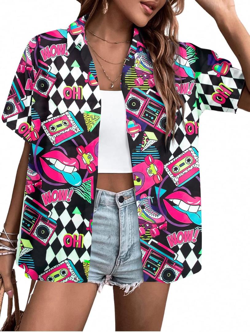 80s 90s Outfits for Women Retro 80's Disco Party Shirt Button Down Short Sleeve Tshirt 90's Blouse Hawaiian Tops (Pink, S)
