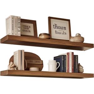 Solid Wood Floating Shelves for Wall, Rustic Farmhouse Wall Mounted Shelf Set of 2, Heavy Duty Bathroom & Living Room Decor (Walnut Color, 23.5''x 7''x 1.5'')