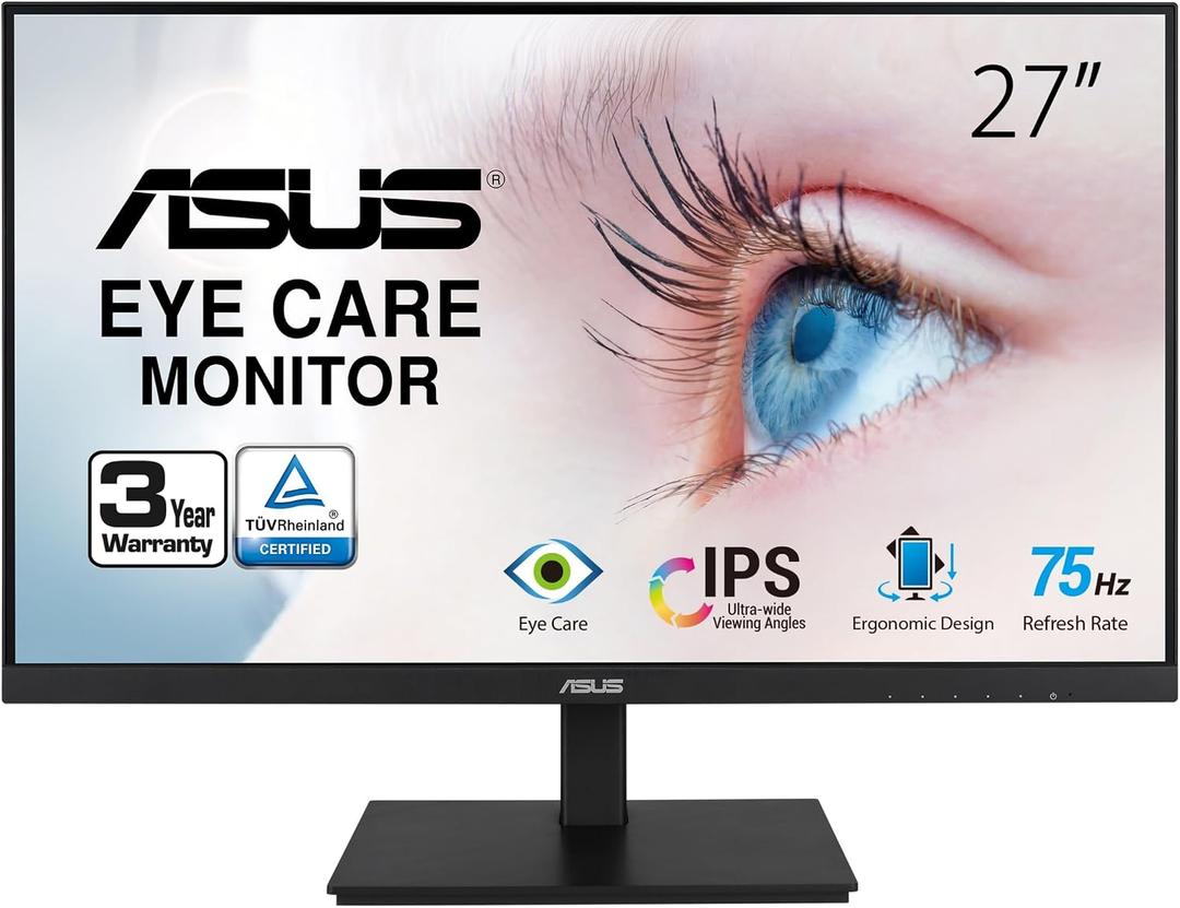 ASUS VA27DQSB 27 Monitor, 1080P Full HD, 75Hz, IPS, Adaptive-Sync, Eye Care, HDMI DisplayPort VGA USB Hub, Frameless, Ergonomic Design, VESA Wall Mountable,Black