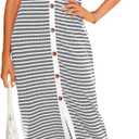BTFBM Women Casual Summer Dresses Short Sleeve Striped Midi Dresses Decorative Button Ribbed Knit Dresses Party Dresses (Small, Grey)