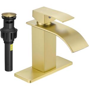 Fransiton Waterfall Single Handle Bathroom Sink Faucet with Drain Light Gold