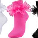 Dicry Women Big Ruffle Socks Double Lace Turn Cuff (Size 9-11, 3 Pairs) (White Black Hop_pink) (Size 9-11, 3 Pairs)