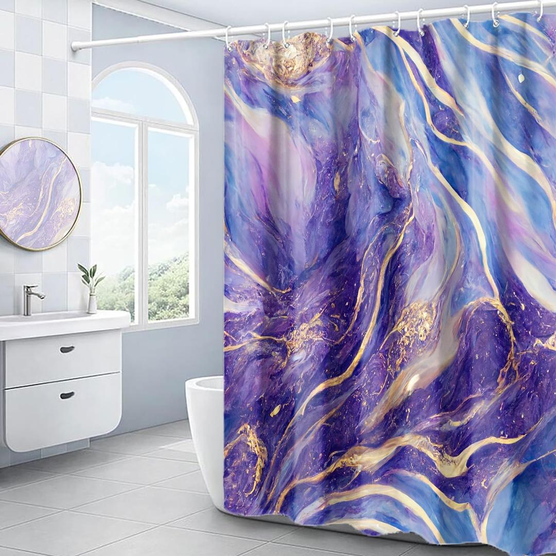 Domoku Purple Blue and Gold Marble Shower Curtain, Cracked Abstract Modern Bathroom Decor, Waterproof Textured Washable Fabric, 72 X 72 (72"W x 72"L (Pack of 1))