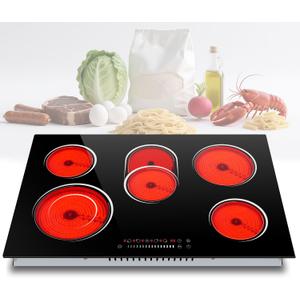 30 Inch Electric Cooktop 8400W 5 Burner Electric Stove Top with Slider Control Built-in Ceramic Cooktop 30'', Dual Oval Zone, Timer & Safety Lock, Hot Surface Indicator, 220V, Hard Wire No Plug