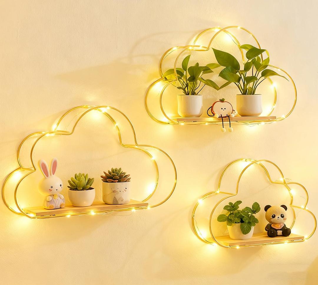 Floating Cloud Shelves for Wall 3 Pack, Mini Cute Floating Shelves with LED Lights for Kids Room Decor, Hanging Display Wall Shelf for Bedroom Kitchen Living Room Decor
